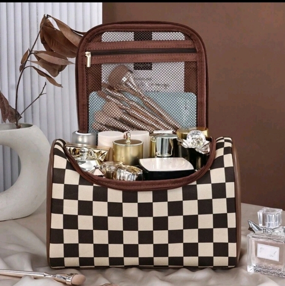 Brown Damier Luxury Designer Style Cosmetic/Makeup/Travel Bag/Case Vegan Leather - Picture 5 of 12